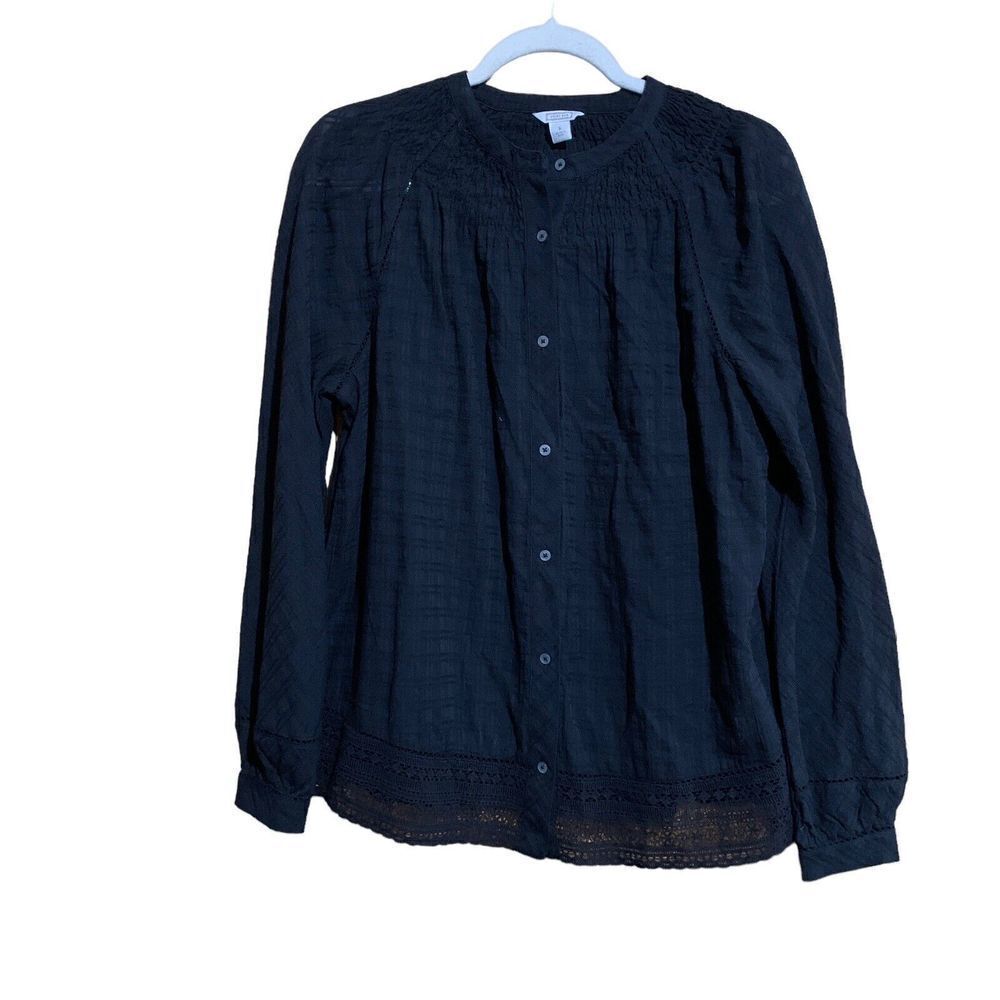 Point Sur J. Crew Womens Size Small Black Button Up Crinkle Long Sleeve Blouse